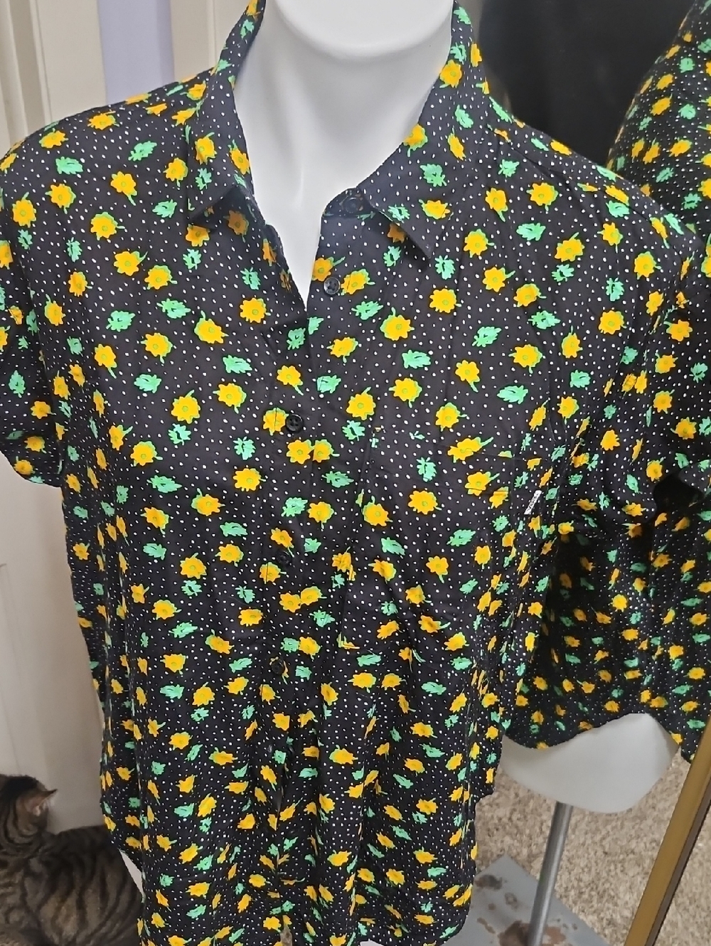 Vans Black Button Down Top with Yellow Floral Print Costal Cowgirl Style